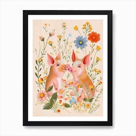 Folksy Floral Animal Drawing Pig Art Print