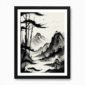 A Painting Of Mountains And Trees With Birds Flying Around Art Print