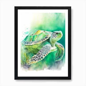 Green Sea Turtle (Chelonia Mydas), Sea Turtle Storybook Watercolours 1 Art Print