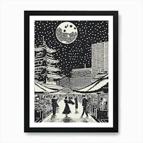 Moonlight In Tokyo Linocut Art Print