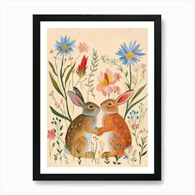 Folksy Floral Animal Drawing Rabbit 3 Art Print