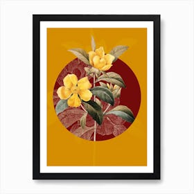 Vintage Botanical Golden Guinea Vine Dillenia Scandens on Circle Red on Yellow n.0320 Art Print
