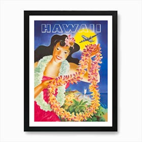 Hawaii, Hula Girl With Flower Wreath, Vintage Travel Poster Art Print