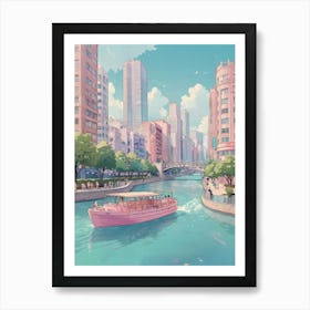 Pink Boat On The River Art Print