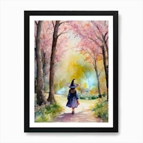 Little Spring Witch - Walking in Blossom Tree Sakura Woods at Ostara Easter Pagan Witchy Watercolor Art by Lyra the Lavender Witch - Girl Child Daughter Grandaughter Bunnies Rabbit Hare Pink Wicca Beautiful Colorful HD Art Print