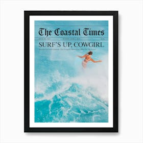 Surfs Up Cowgirl Newspaper - Black Text Art Print