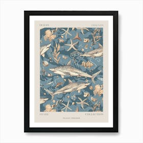 Pastel Blue Pelagic Thresher Watercolour Seascape Pattern 2 Poster Art Print