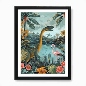 Dinosaur With Flamingo Painting 1 Art Print