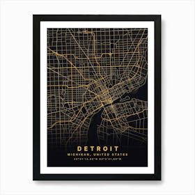 Detroit Michigan USA Black And Gold Map Art Print