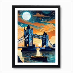 Tower Bridge London ~ England Travel Adventure Visionary Wall Decor Futuristic Sci-Fi Trippy Surrealism Modern Digital Psychedelic Cubic Fantasy Art Full Moons Stars Mandala Spiritual Fractals Space UK Vibrant Art Print