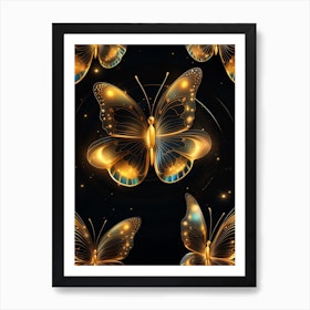 Golden Butterflies On Black Background 2 Art Print by Noctarius - Fy