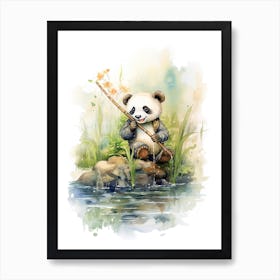 Panda Art Fishing Watercolour 1 Art Print