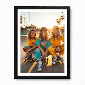 A Joyous Group Of Three Caucasian Female Skateboarders Hipster In Style Smiling Radiantly Sitting (4) Art Print