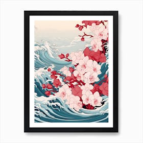 Great Wave With Orchid Flower Drawing In The Style Of Ukiyo E 3 Art Print