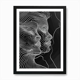 Black And White Abstract Women Faces In Line 8 Art Print