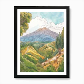 Mount Vesuvius Italy Color Line Drawing (1) Art Print