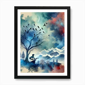 Watercolor Of A Tree With Birds and a musician Art Print