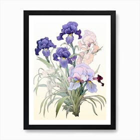 Great Wave With Iris Flower Drawing In The Style Of Ukiyo E 2 Art Print