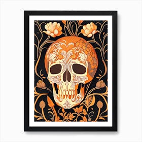 Skull With Floral Patterns 3 Orange Line Drawing Art Print