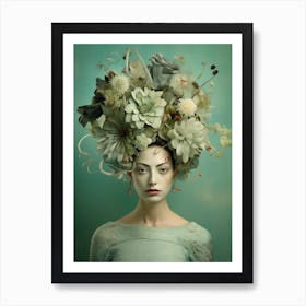 Portrait Of A Woman With Flowers On Her Head Art Print