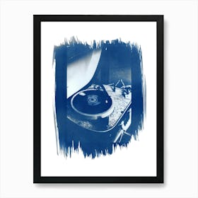 Retro Vinyl Record Player Cyanotype Art Print
