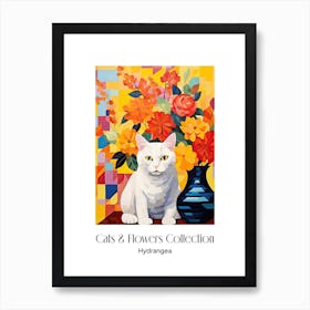 Cats & Flowers Collection Hydrangea Flower Vase And A Cat, A Painting In The Style Of Matisse 3 Art Print