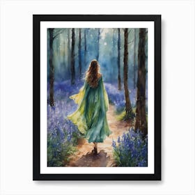 Fairytale Woman in Bluebell Woods ~ Spring Maiden Walking Away in Moonlit Forest, Witchy Full Moon Art, Pagan Painting, Woods Witches, Enchanted forest mysterious darkling stroll in magical Ostara Artwork ~ Dreamy Watercolor Brunette Girl Facing Away Leaving Everything Behind Spiritual Awakening Healing Yoga Meditation Tarot Heart Chakra Art Print