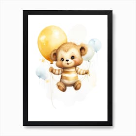 Baby Bee Flying With Ballons, Watercolour Nursery Art 2 Art Print