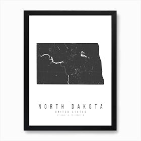 North Dakota Mono Black And White Modern Minimal Street Map Art Print