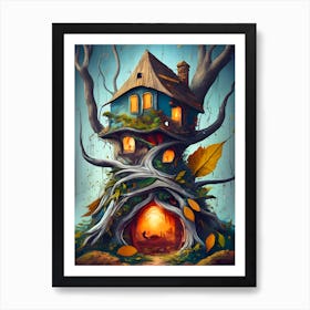 Autumn Enchantment, Gnome House in the Ancient Forest Art Print