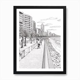 View Of Barcelona, Spain Line Art Black And White 4 Art Print