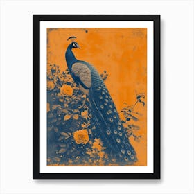 Orange & Navy Blue Floral Cyanotype Inspired Peacock 1 Art Print