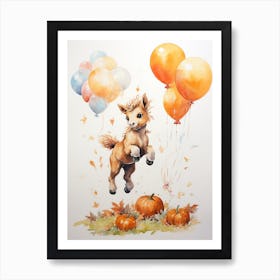Horse Flying With Autumn Fall Pumpkins And Balloons Watercolour Nursery 3 Art Print