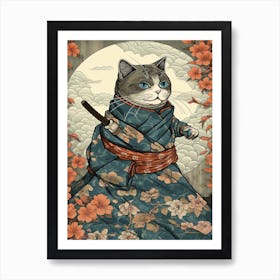 Cute Samurai Cat In The Style Of William Morris 9 Art Print