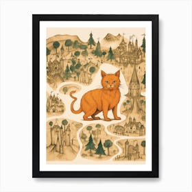 Sepia Medieval Map & Ginger Cat Art Print