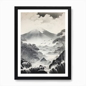 Mount Gassan In Yamagata, Ukiyo E Black And White Line Art Drawing 4 Art Print
