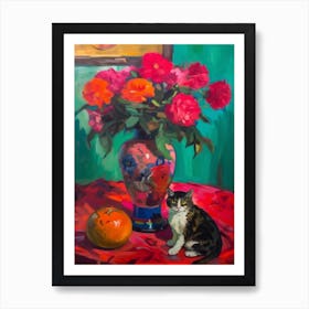 Peony With A Cat 3 Fauvist Style Painting Art Print