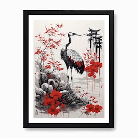 Crane In Red Flowers Art Print