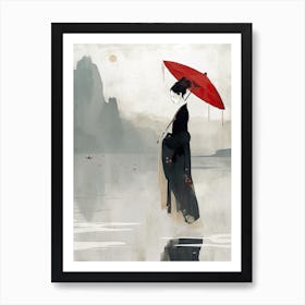 Chinese Woman With Red Umbrella Art Print