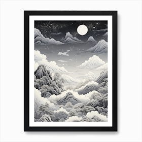 The Japanese Alps In Multiple Prefectures, Ukiyo E Black And White Line Art Drawing 3 Art Print