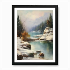 Ancient landscapes, old winter oil paintings and rocks around the lake bank. Snow is falling on the lake, old colors.4 1 Art Print