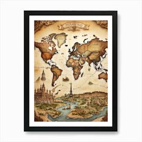 A World Map Visualizing An International Journey Pinpointing Iconic Historical Landmarks Across Var (4) Art Print