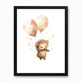 Baby Hedgehog Flying With Ballons, Watercolour Nursery Art 3 Art Print