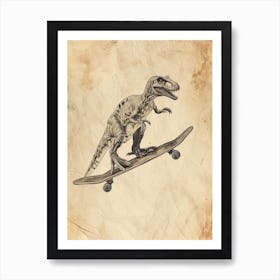 Vintage Compsognathus Dinosaur On A Skateboard 1 Art Print