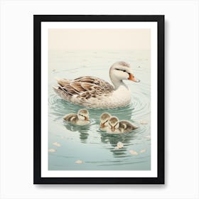 Ducklings In The Icy Water Japanese Woodblock Style 4 Art Print