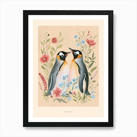 Folksy Floral Animal Drawing Penguin Poster Art Print