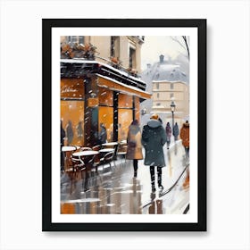 Paris cafes, winter season, Christmas, autumn oil colors, pale colors, pedestrians in the street, winter clothes, falling snow.Christmas decorations.11 1 Art Print