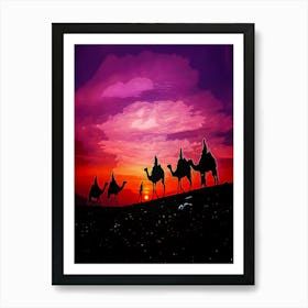 Desert Camel Train At Sunset Art Print