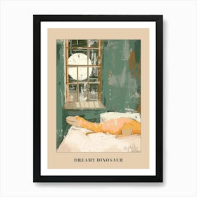 Muted Pastel Mustard Teal Dinosaur In Bed Poster Art Print