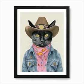 Black Cat Cowboy Quirky Western Print Pet Decor 2 Art Print